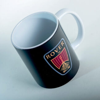 Rover badge and Furious Driving logo black ceramic mug